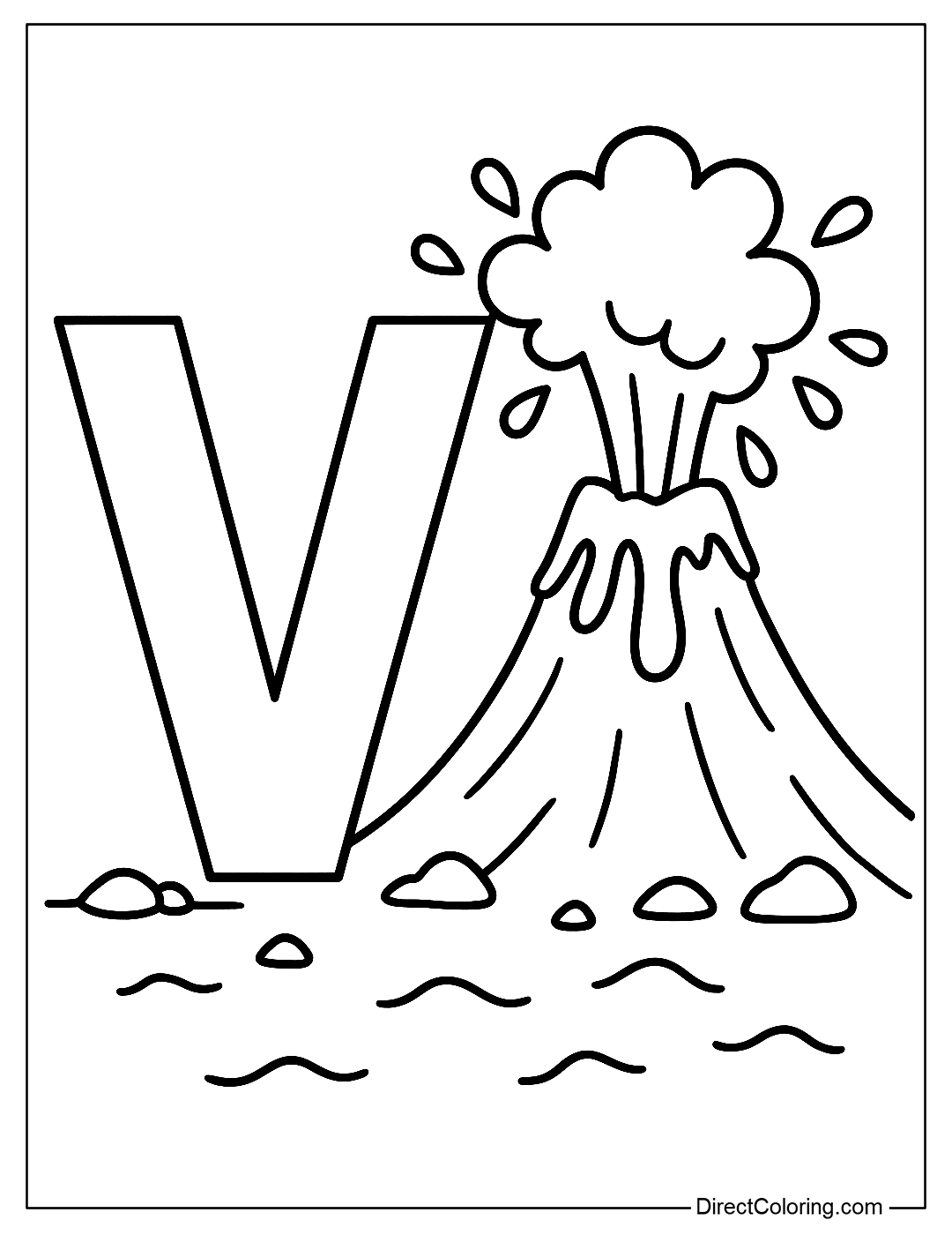 Coloring page of letter V with a volcano erupting gently, with lava and rocks.